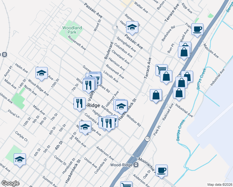 map of restaurants, bars, coffee shops, grocery stores, and more near 303 Hillcrest Avenue in Wood-Ridge