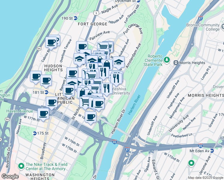 map of restaurants, bars, coffee shops, grocery stores, and more near 2520 Amsterdam Avenue in New York