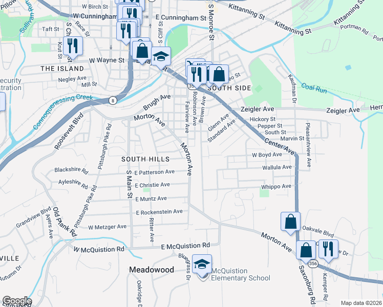 map of restaurants, bars, coffee shops, grocery stores, and more near 415 Morton Avenue in Butler