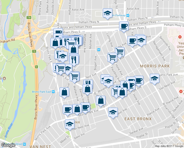map of restaurants, bars, coffee shops, grocery stores, and more near 915 Neill Avenue in Bronx