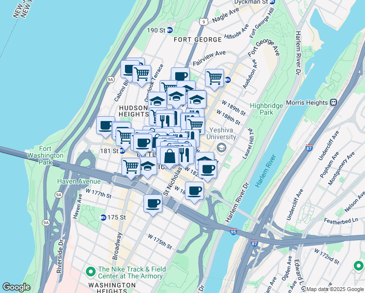 map of restaurants, bars, coffee shops, grocery stores, and more near 608 West 184th Street in New York