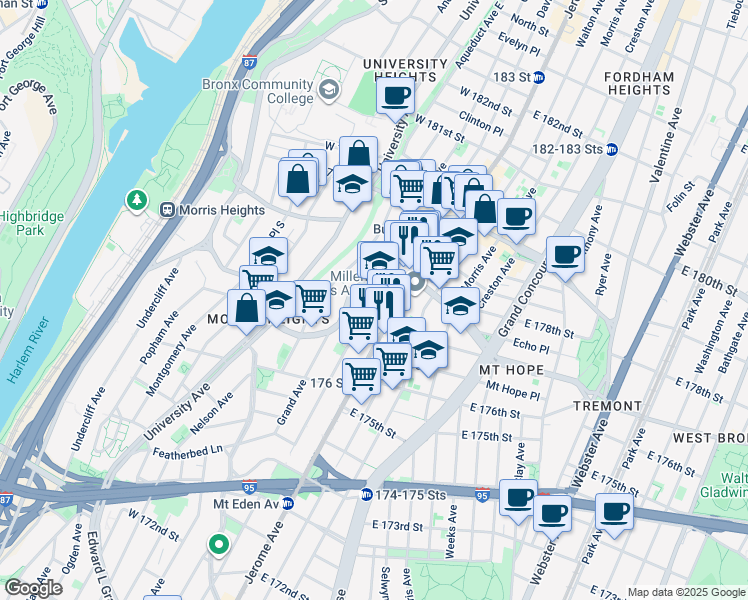 map of restaurants, bars, coffee shops, grocery stores, and more near 50 West Tremont Avenue in The Bronx