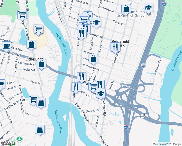 map of restaurants, bars, coffee shops, grocery stores, and more near 44 Garden Street in Ridgefield Park