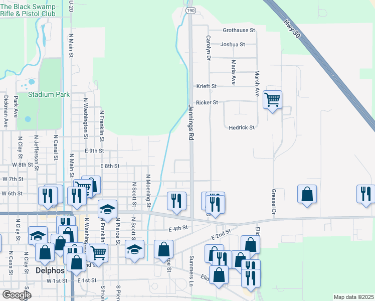 map of restaurants, bars, coffee shops, grocery stores, and more near 901 FT Jennings Road in Delphos