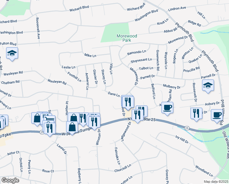 map of restaurants, bars, coffee shops, grocery stores, and more near 9 Dana Lane in Smithtown