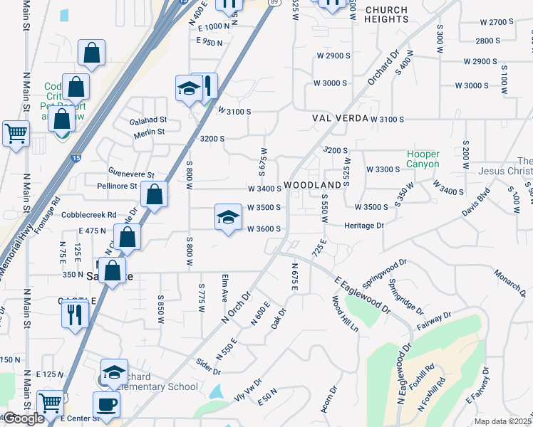 map of restaurants, bars, coffee shops, grocery stores, and more near 663 West 3500 South in Bountiful