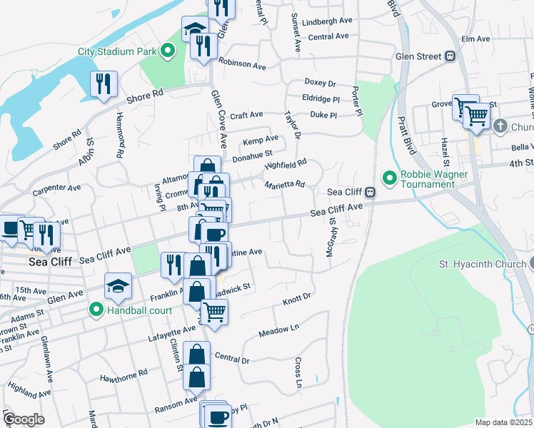 map of restaurants, bars, coffee shops, grocery stores, and more near 140 Sea Cliff Avenue in Glen Cove