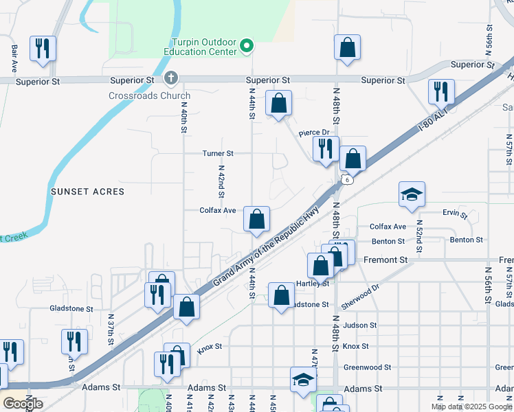 map of restaurants, bars, coffee shops, grocery stores, and more near 3800 North 44th Street in Lincoln