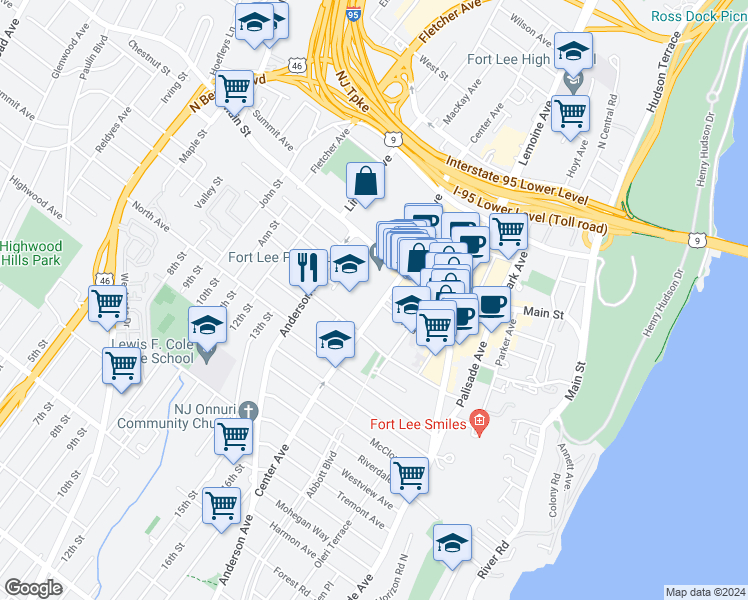 map of restaurants, bars, coffee shops, grocery stores, and more near 302 Hoym Street in Fort Lee