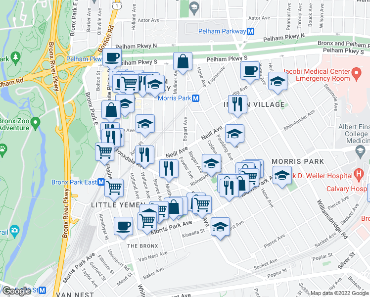 map of restaurants, bars, coffee shops, grocery stores, and more near Bogart Ave & Neill Ave in Bronx