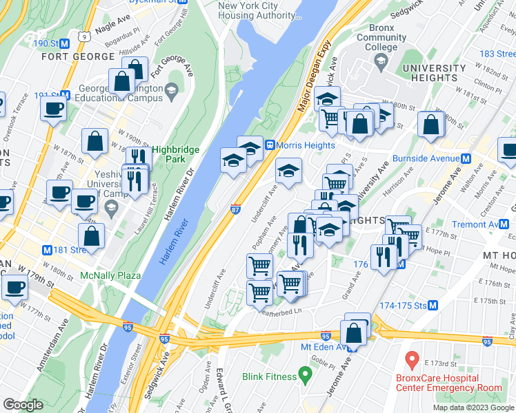 map of restaurants, bars, coffee shops, grocery stores, and more near 1739 Undercliff Avenue in Bronx