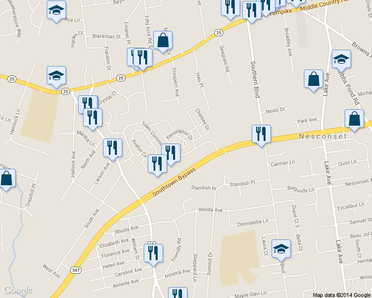 map of restaurants, bars, coffee shops, grocery stores, and more near 81 Paddington Circle in Smithtown