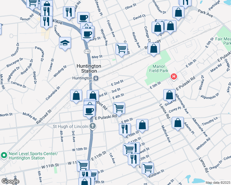 map of restaurants, bars, coffee shops, grocery stores, and more near 64 East 3rd Street in Huntington Station