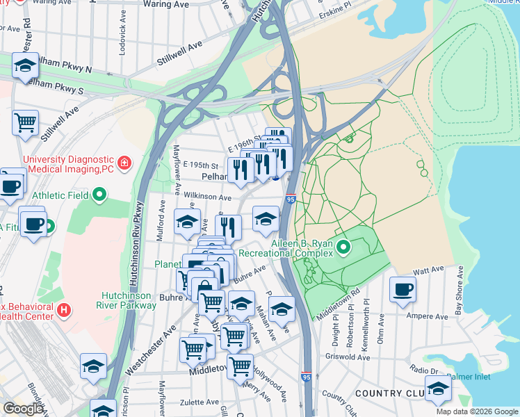 map of restaurants, bars, coffee shops, grocery stores, and more near 3134 Sands Place in Bronx