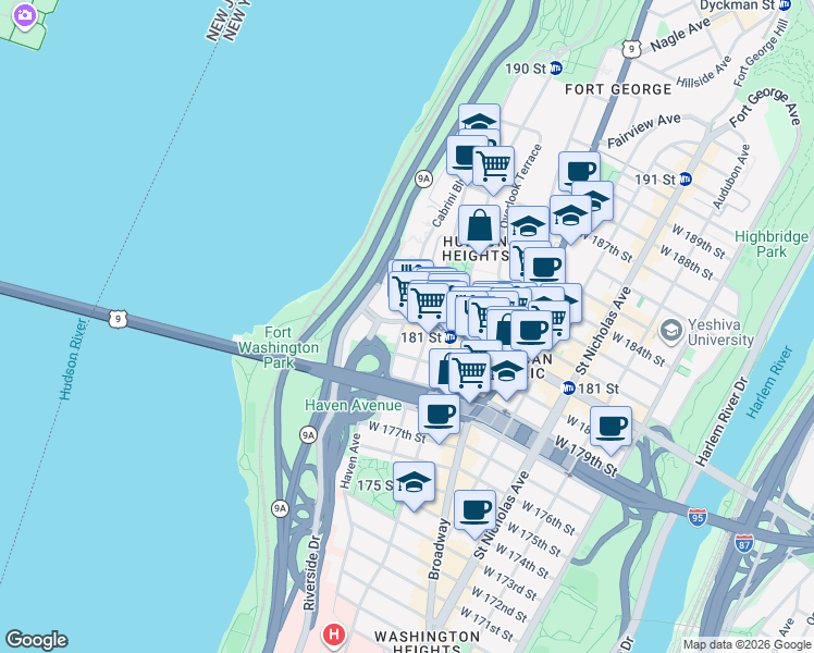 map of restaurants, bars, coffee shops, grocery stores, and more near 854 West 181st Street in New York