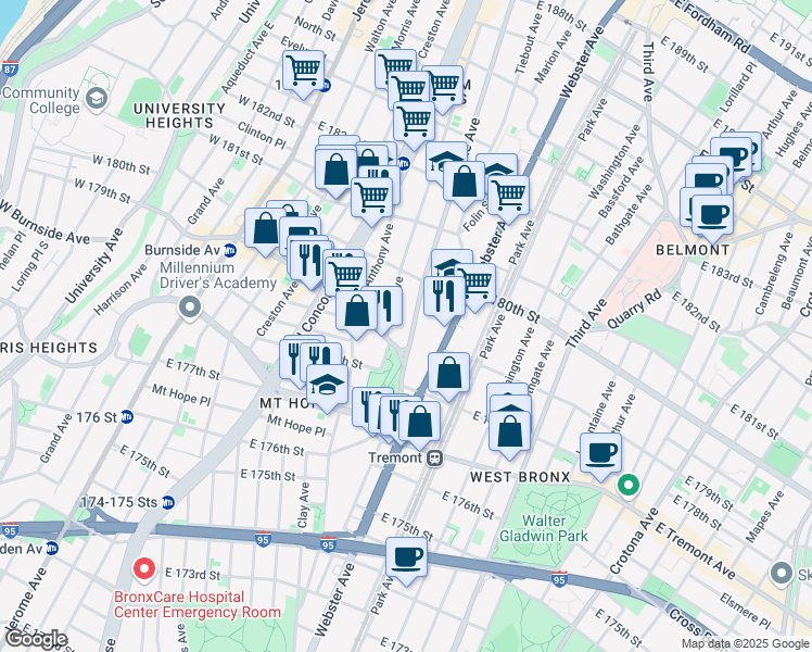 map of restaurants, bars, coffee shops, grocery stores, and more near in The Bronx