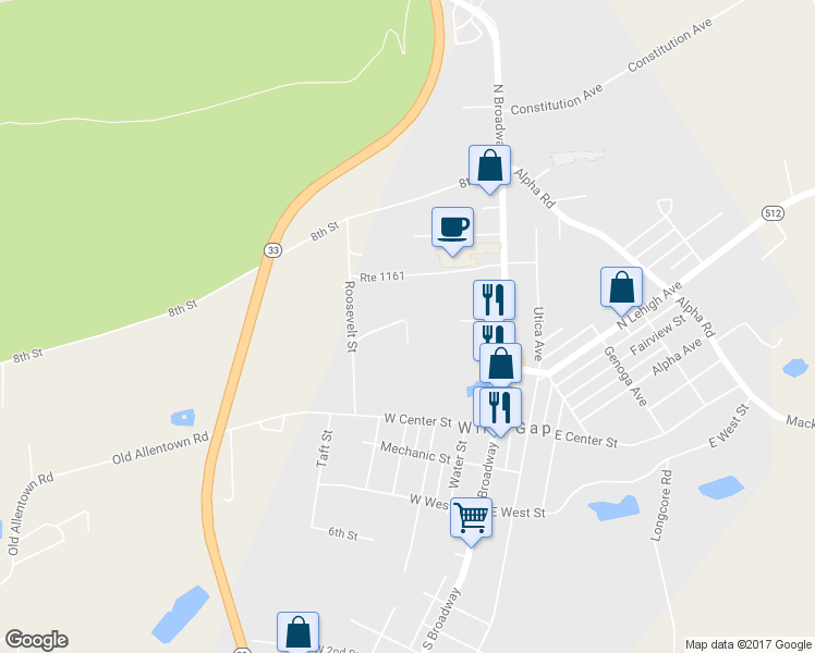 map of restaurants, bars, coffee shops, grocery stores, and more near 15 Oakwood Drive in Wind Gap