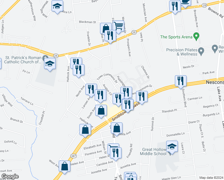 map of restaurants, bars, coffee shops, grocery stores, and more near 316 Avalon Circle in Smithtown