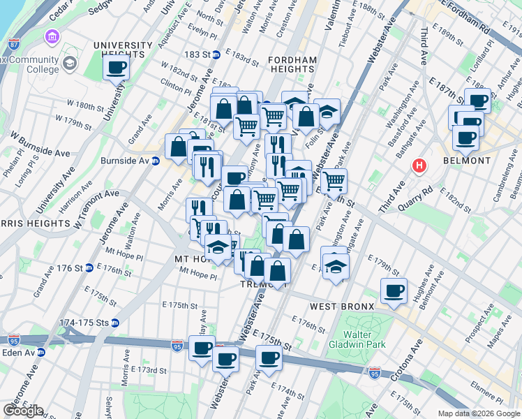 map of restaurants, bars, coffee shops, grocery stores, and more near in The Bronx