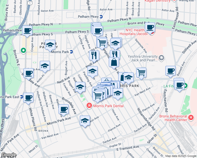 map of restaurants, bars, coffee shops, grocery stores, and more near 1068 Rhinelander Avenue in Bronx