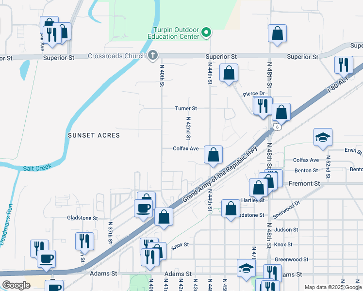 map of restaurants, bars, coffee shops, grocery stores, and more near 4130 Colfax Avenue in Lincoln