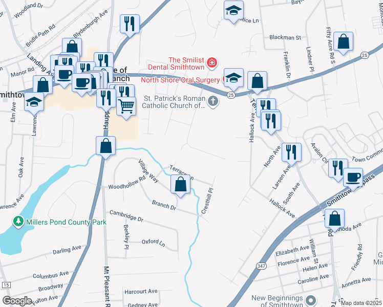 map of restaurants, bars, coffee shops, grocery stores, and more near 18 Hemlock Lane in Smithtown