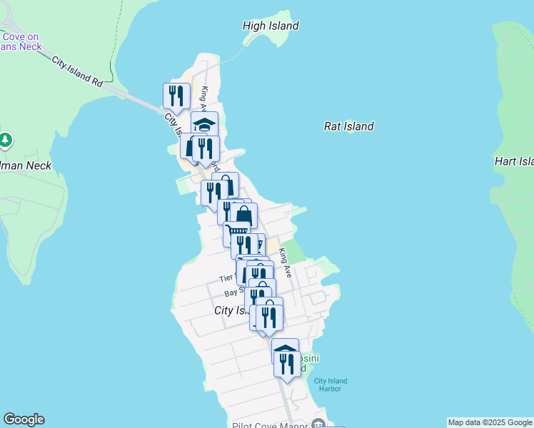 map of restaurants, bars, coffee shops, grocery stores, and more near 447 King Avenue in The Bronx