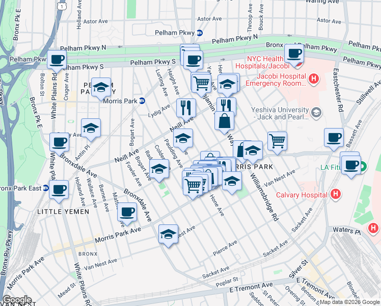 map of restaurants, bars, coffee shops, grocery stores, and more near 1068 Rhinelander Avenue in Bronx