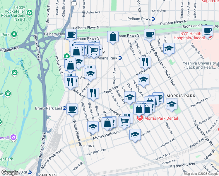 map of restaurants, bars, coffee shops, grocery stores, and more near 915 Neill Avenue in Bronx