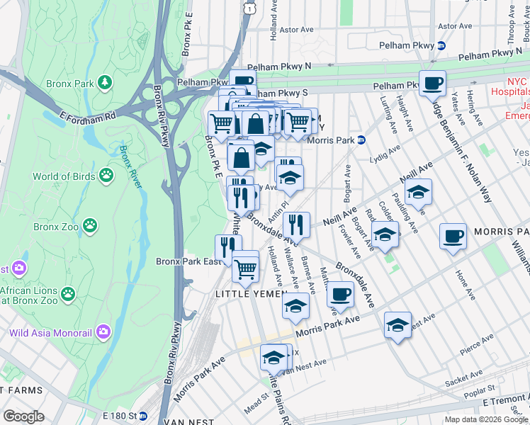 map of restaurants, bars, coffee shops, grocery stores, and more near 2019 Our Lady Of Solace Place in Bronx