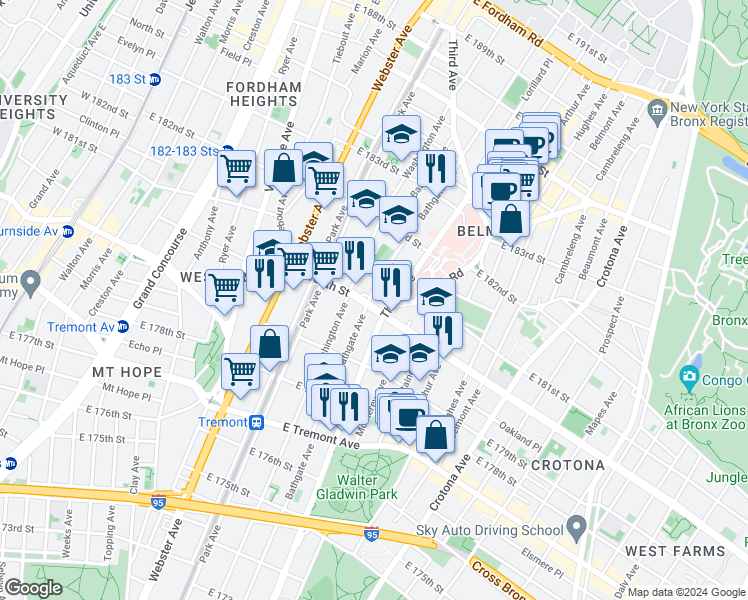 map of restaurants, bars, coffee shops, grocery stores, and more near 510 East 180th Street in The Bronx