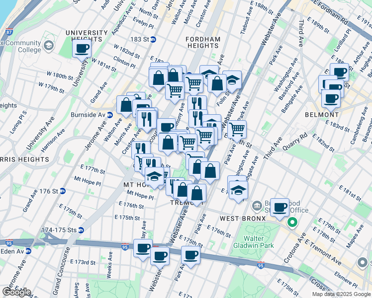 map of restaurants, bars, coffee shops, grocery stores, and more near in The Bronx