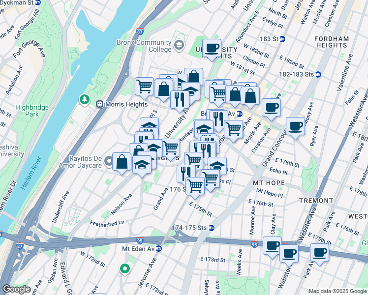 map of restaurants, bars, coffee shops, grocery stores, and more near 689 West Tremont Avenue in Bronx