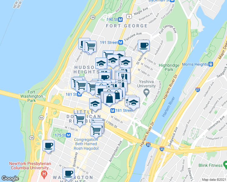 map of restaurants, bars, coffee shops, grocery stores, and more near in New York