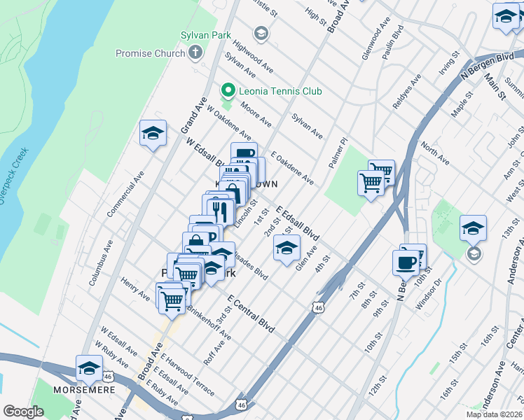 map of restaurants, bars, coffee shops, grocery stores, and more near 466 1st Street in Palisades Park