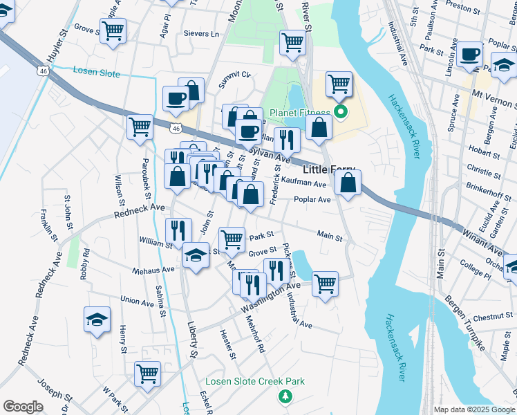 map of restaurants, bars, coffee shops, grocery stores, and more near 132 Main Street in Little Ferry