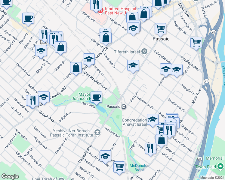 map of restaurants, bars, coffee shops, grocery stores, and more near 313 Van Houten Avenue in Passaic