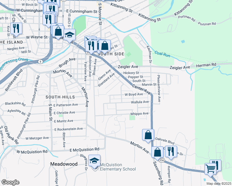 map of restaurants, bars, coffee shops, grocery stores, and more near 319 West Boyd Avenue in Butler
