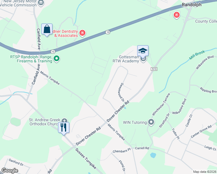 map of restaurants, bars, coffee shops, grocery stores, and more near 25 Sweetwood Drive in Randolph