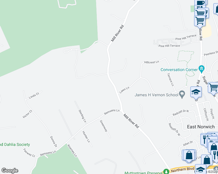 map of restaurants, bars, coffee shops, grocery stores, and more near 111 Mill River Road in Oyster Bay