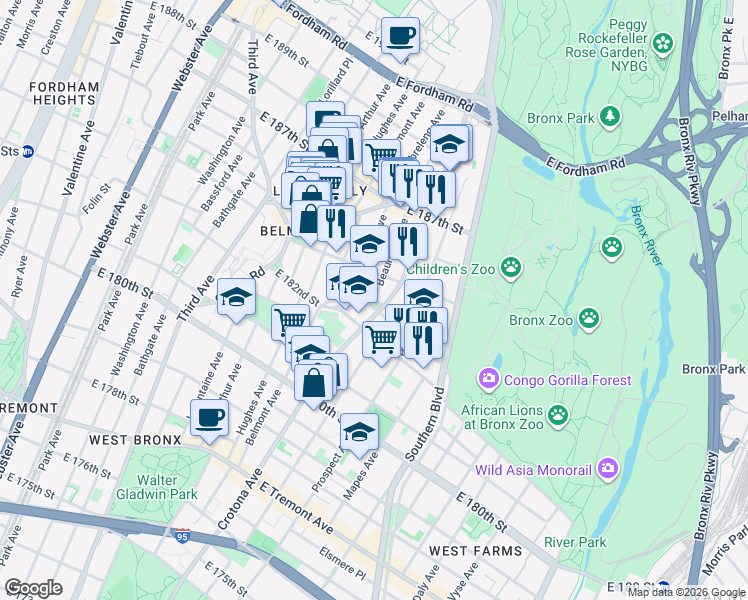 map of restaurants, bars, coffee shops, grocery stores, and more near 1216 Beaumont Avenue in The Bronx