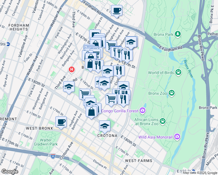 map of restaurants, bars, coffee shops, grocery stores, and more near 2265 Crotona Avenue in The Bronx