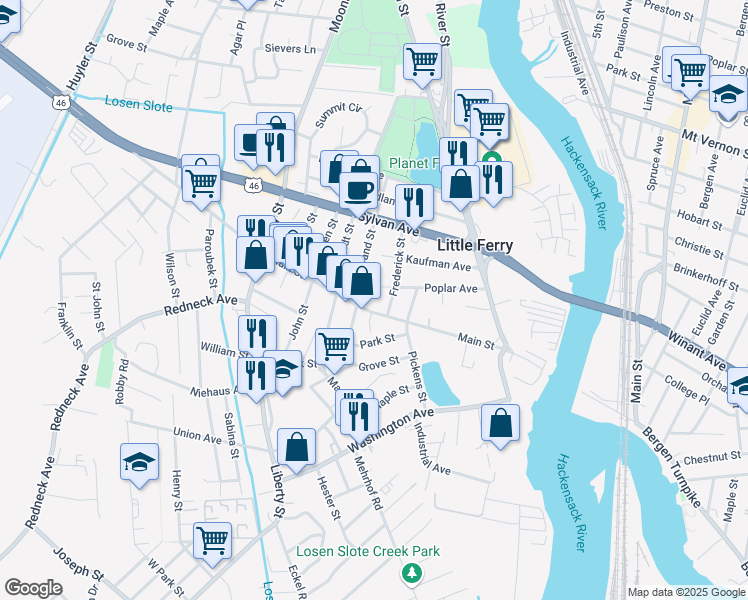 map of restaurants, bars, coffee shops, grocery stores, and more near 132 Main Street in Little Ferry