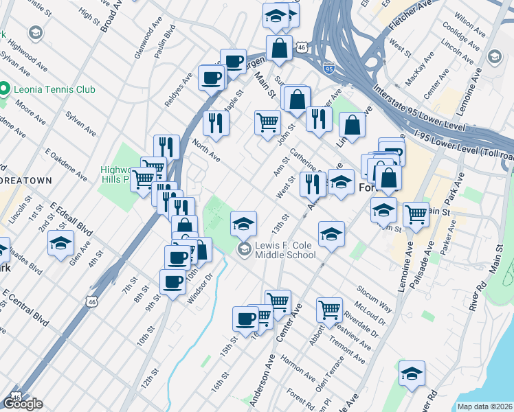 map of restaurants, bars, coffee shops, grocery stores, and more near 1526 11th Street in Fort Lee