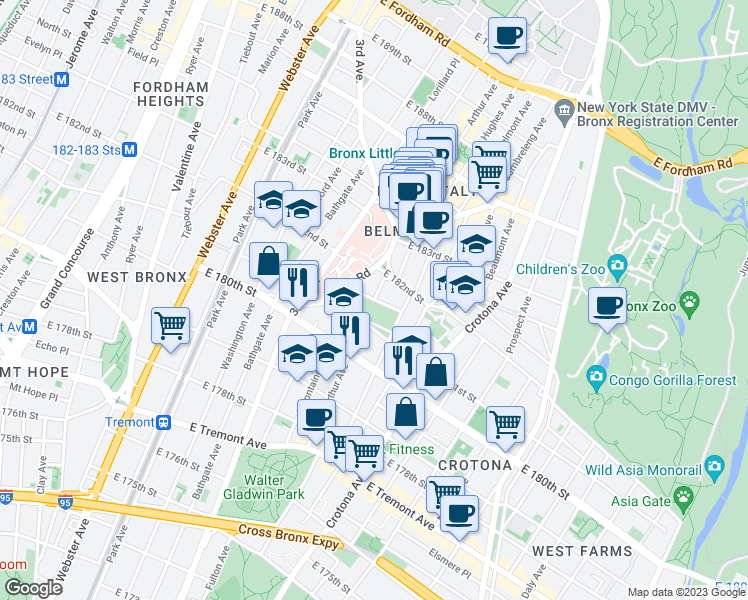 map of restaurants, bars, coffee shops, grocery stores, and more near Arthur Avenue in Bronx