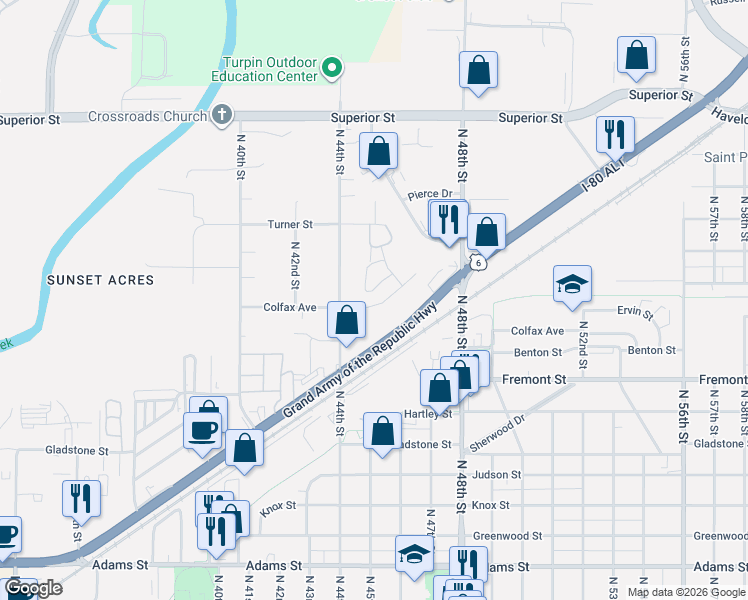 map of restaurants, bars, coffee shops, grocery stores, and more near 4521 Colfax Circle in Lincoln