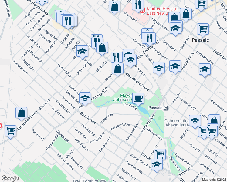 map of restaurants, bars, coffee shops, grocery stores, and more near 60 Mineral Spring Avenue in Passaic