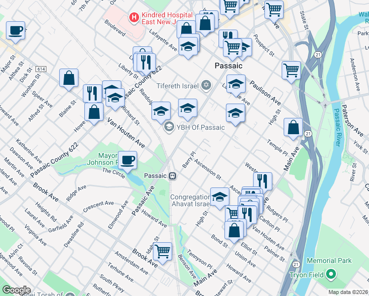 map of restaurants, bars, coffee shops, grocery stores, and more near 170 Ascension Street in Passaic