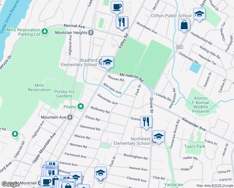 map of restaurants, bars, coffee shops, grocery stores, and more near 22 Macopin Avenue in Montclair