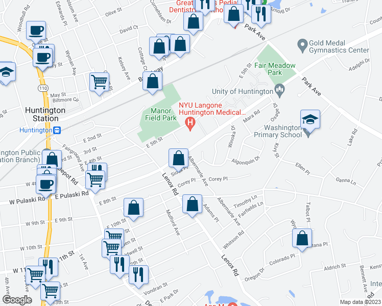 map of restaurants, bars, coffee shops, grocery stores, and more near 2 Albermarle Avenue in Huntington Station